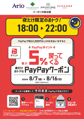 アリオ、グランツリー武蔵小杉、プライムツリー赤池、セブンパーク天美で｢夜だけ限定｣5%戻ってくるお得なクーポン