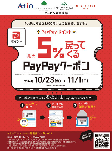 アリオ、グランツリー武蔵小杉、プライムツリー赤池、セブンパーク天美で5%戻ってくるお得なクーポン