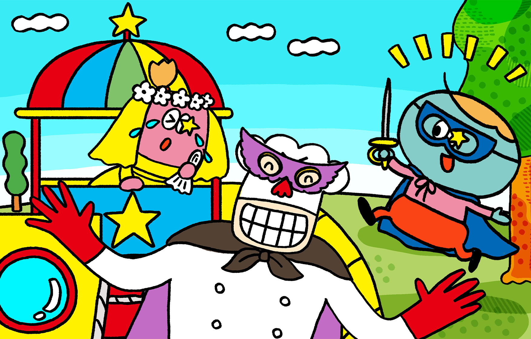 プリンセスとヒーローごっこをして遊んでいるシータンとソータン。コック－も仲間に入っている。