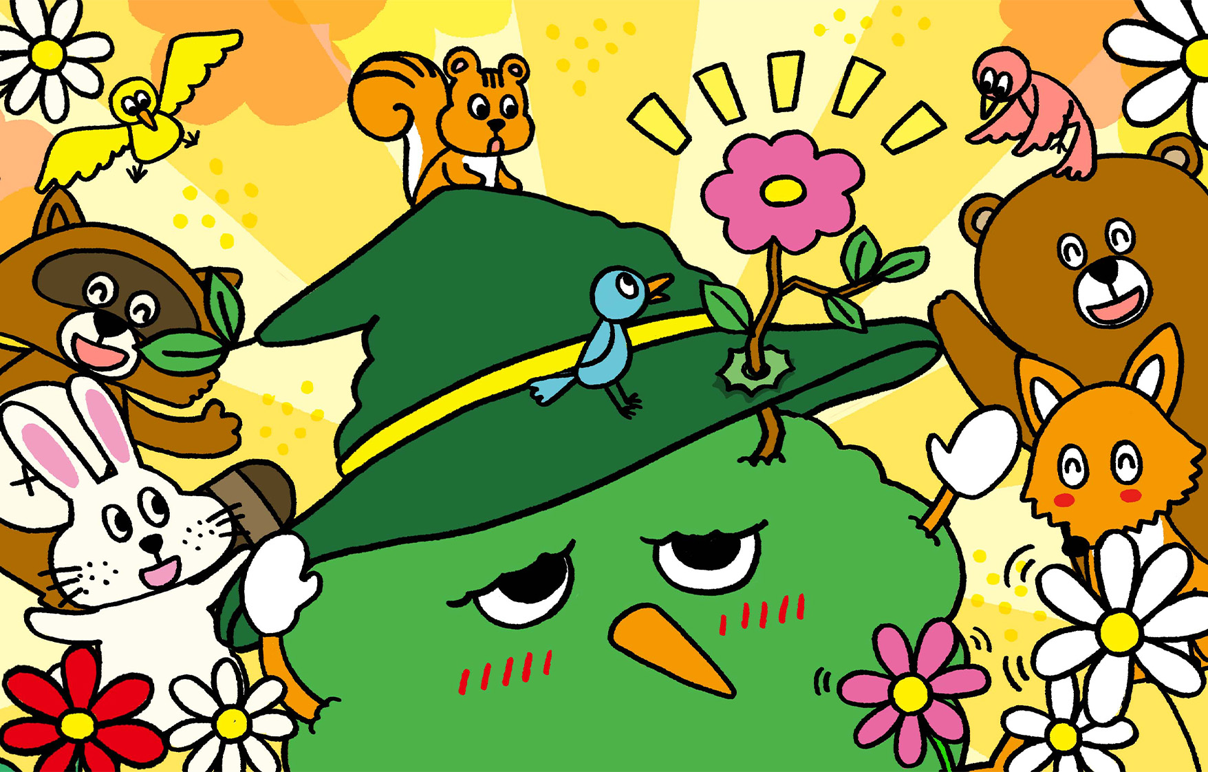 杖が当たったところから、お花が咲いて、動物や鳥たちが驚いたり笑ったり。ウィザーも元気が出た!