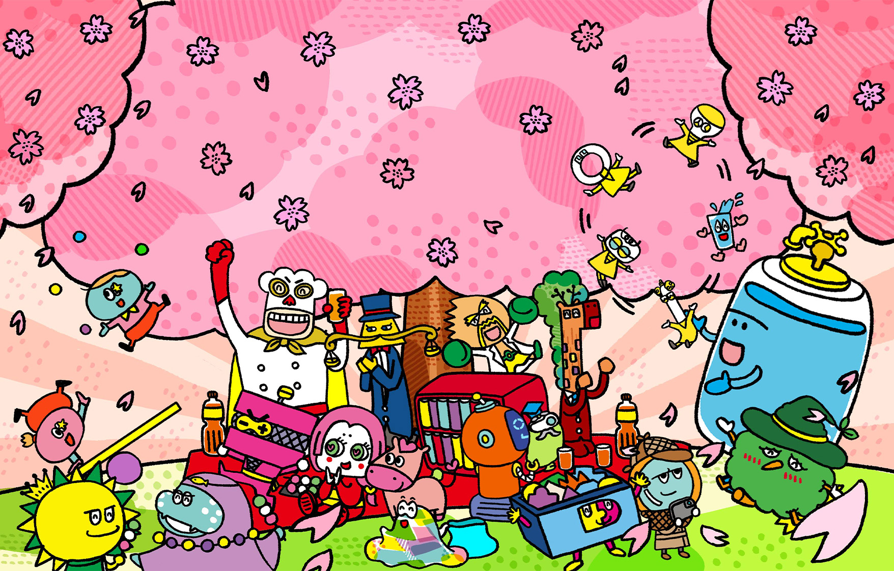 満開の桜の木の下で、お花見を楽しむみらいたうんのなかまたち。