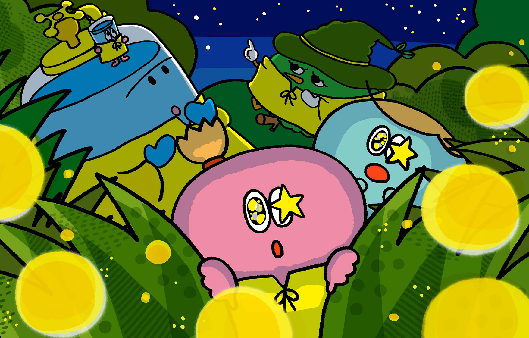 夜の森では、きれいに輝く蛍を見つけたシータンとソータン。