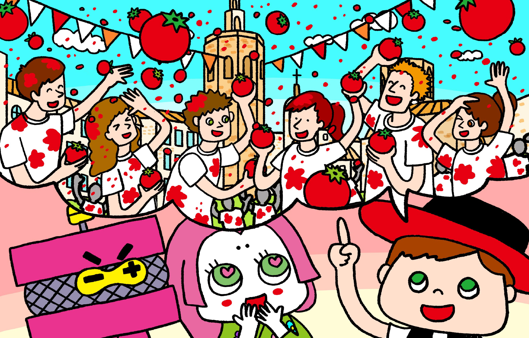外国から来た男の子が、自分の国のおまつり(トマトまつり)について説明をしている。